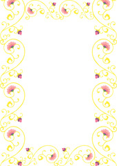 Frame with filigree. Gold scrolls and pink flowers.