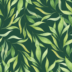 Bright spring greens. Long elegant leaves. Seamless pattern on a deep green background.