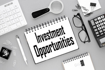 INVESTMENT OPPORTUNITIES. text in an open notepad. business concept. flat style
