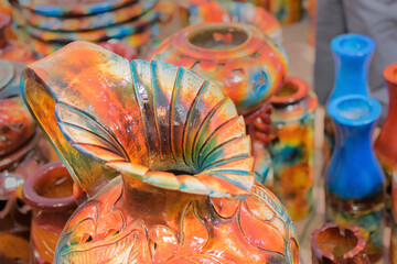 Colorful pottery made of clay, handicrafts on display during the Handicraft Fair in Kolkata , earlier Calcutta, West Bengal, India. It is the biggest handicrafts fair in Asia.