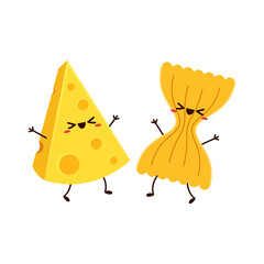 Farfalle and Cheese pasta vector. Farfalle pasta and Cheese character design.