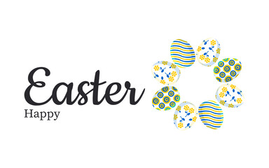 Easter. Happy Holidays. Stylish trendy horizontal postcard with cute painted eggs in blue and yellow colors in a modern design. 