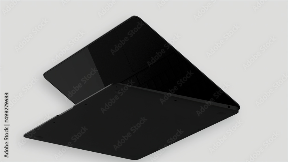 Poster close up of new black laptop computer model isolated on a white background. motion. abstract opened 