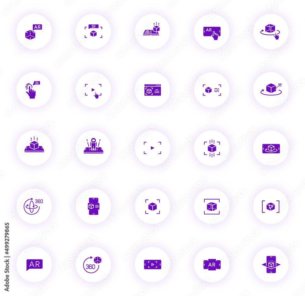 Poster augmented reality purple color vector icons on light round buttons with purple shadow. augmented rea