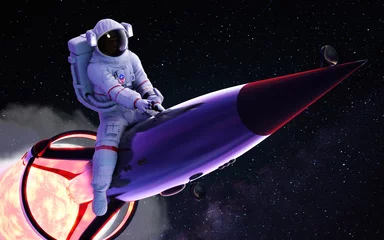 Foto op Canvas 3d Illustration of astronaut riding a rocket, with smoke, through the cloud into the space, with clipping path. © mrjo_7