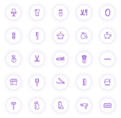 barbershop purple color outline icons on light round buttons with purple shadow. barbershop icon set for web, mobile apps, ui design and print