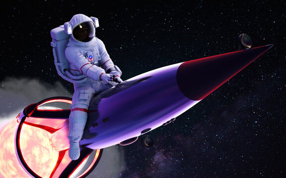 3d Illustration of astronaut riding a rocket, with smoke, through the cloud into the space, with clipping path.