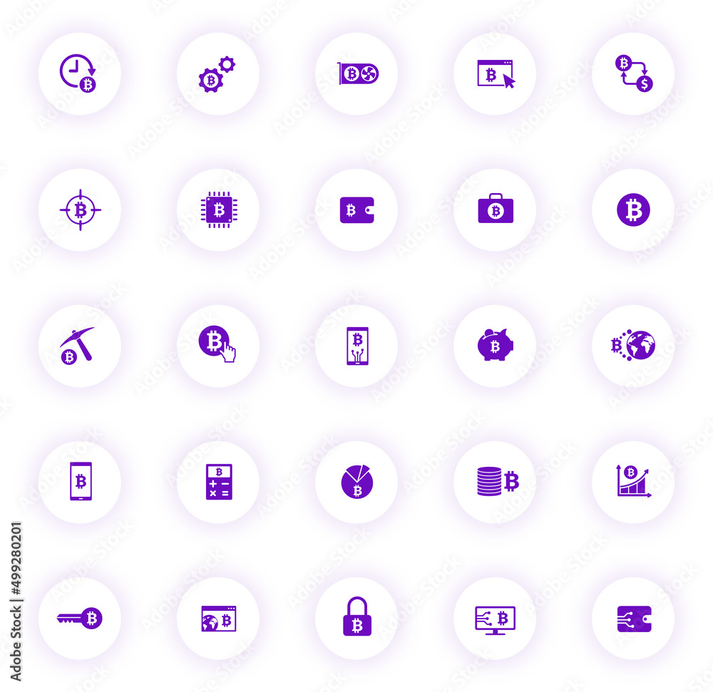 Poster bitcoin purple color vector icons on light round buttons with purple shadow. bitcoin icon set for we