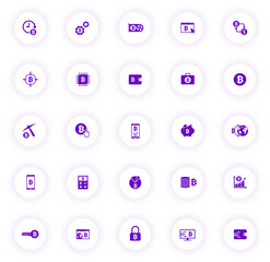 bitcoin purple color vector icons on light round buttons with purple shadow. bitcoin icon set for web, mobile apps, ui design and print