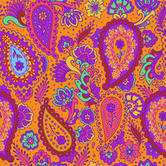 Colorful paisley print. Abstract psychedelic Buta seamless pattern . Traditional Indian boteh ornamental textile design. Hand drawn vector background.