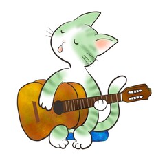 ねこが楽しそうにギターを弾いているイラスト
