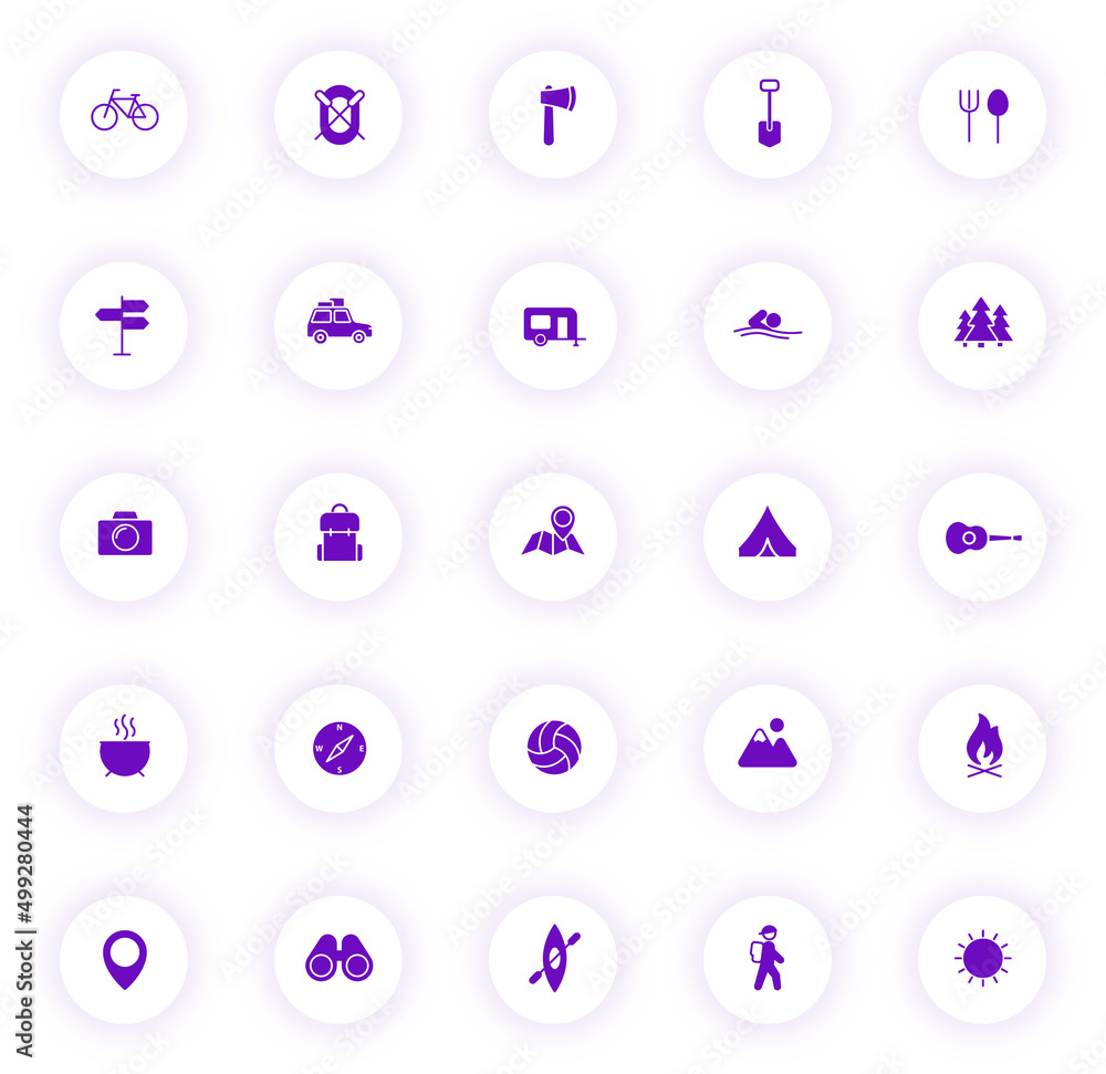 Poster camping purple color vector icons on light round buttons with purple shadow. camping icon set for we