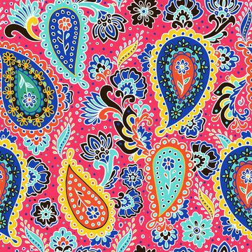 Colorful paisley print. Abstract psychedelic Buta seamless pattern . Traditional Indian boteh ornamental textile design. Hand drawn vector background.