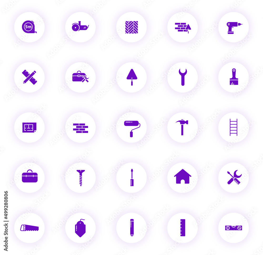 Poster construction purple color vector icons on light round buttons with purple shadow. construction icon 