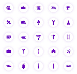 construction purple color vector icons on light round buttons with purple shadow. construction icon set for web, mobile apps, ui design and print