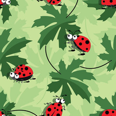 Ladybird background. Maple leaf with cute bugs. Cartoon ladybird. Cheerful picture, funny character 