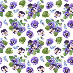 watercolor seamless pattern of pansies and forget me not, hand drawn floral illustration isolated on white background