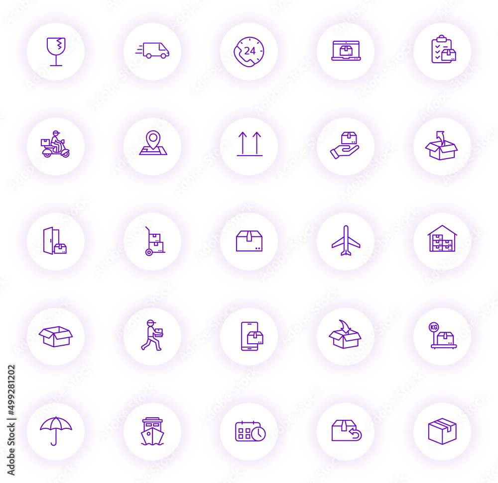 Poster delivery purple color outline icons on light round buttons with purple shadow. delivery icon set for