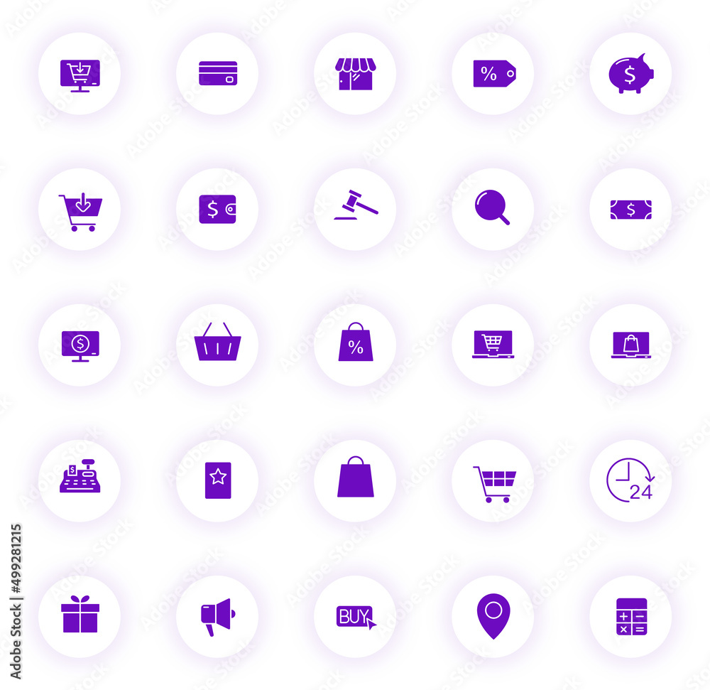 Poster e commerce purple color vector icons on light round buttons with purple shadow. e commerce icon set 