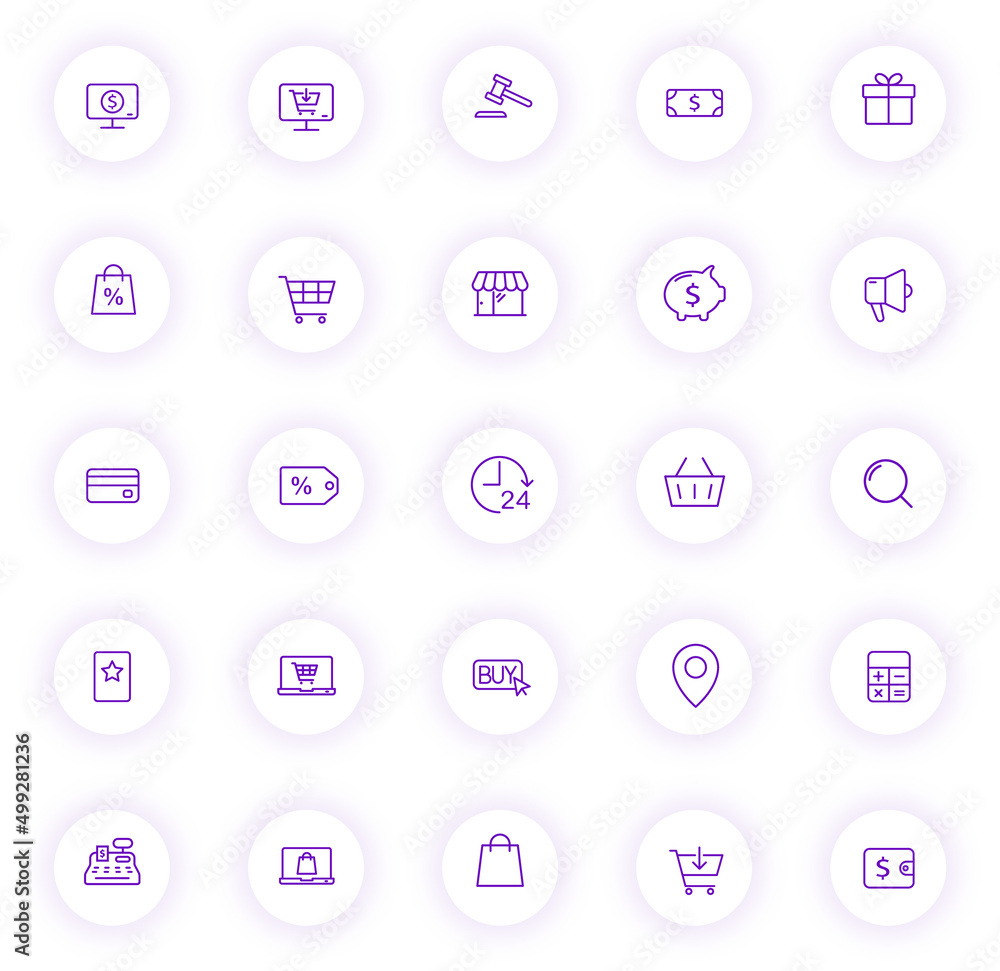 Poster e commerce purple color outline icons on light round buttons with purple shadow. e commerce icon set