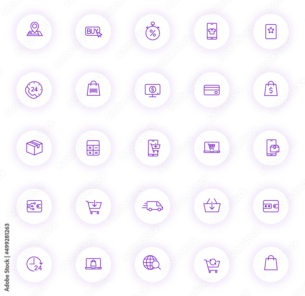Poster e shopping purple color outline icons on light round buttons with purple shadow. e shopping icon set