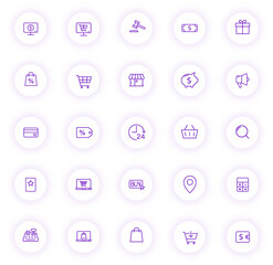 e commerce purple color outline icons on light round buttons with purple shadow. e commerce icon set for web, mobile apps, ui design and print