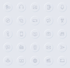 media line gray icons on round rubber buttons. media icon set for web, mobile apps, ui design and promo business polygraphy