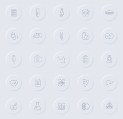 medical line gray icons on round rubber buttons. medical icon set for web, mobile apps, ui design and promo business polygraphy