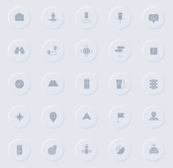 navigation gray vector icons on round rubber buttons. navigation icon set for web, mobile apps, ui design and promo business polygraphy