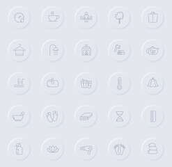 sauna line gray icons on round rubber buttons. sauna icon set for web, mobile apps, ui design and promo business polygraphy