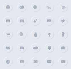 seo gray vector icons on round rubber buttons. seo icon set for web, mobile apps, ui design and promo business polygraphy