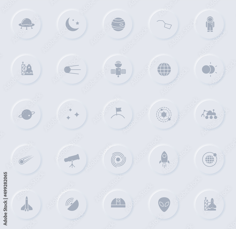 Poster space gray vector icons on round rubber buttons. space icon set for web, mobile apps, ui design and 