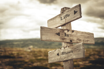 life is short text quote written in wooden signpost outdoors in nature. Moody theme feeling.