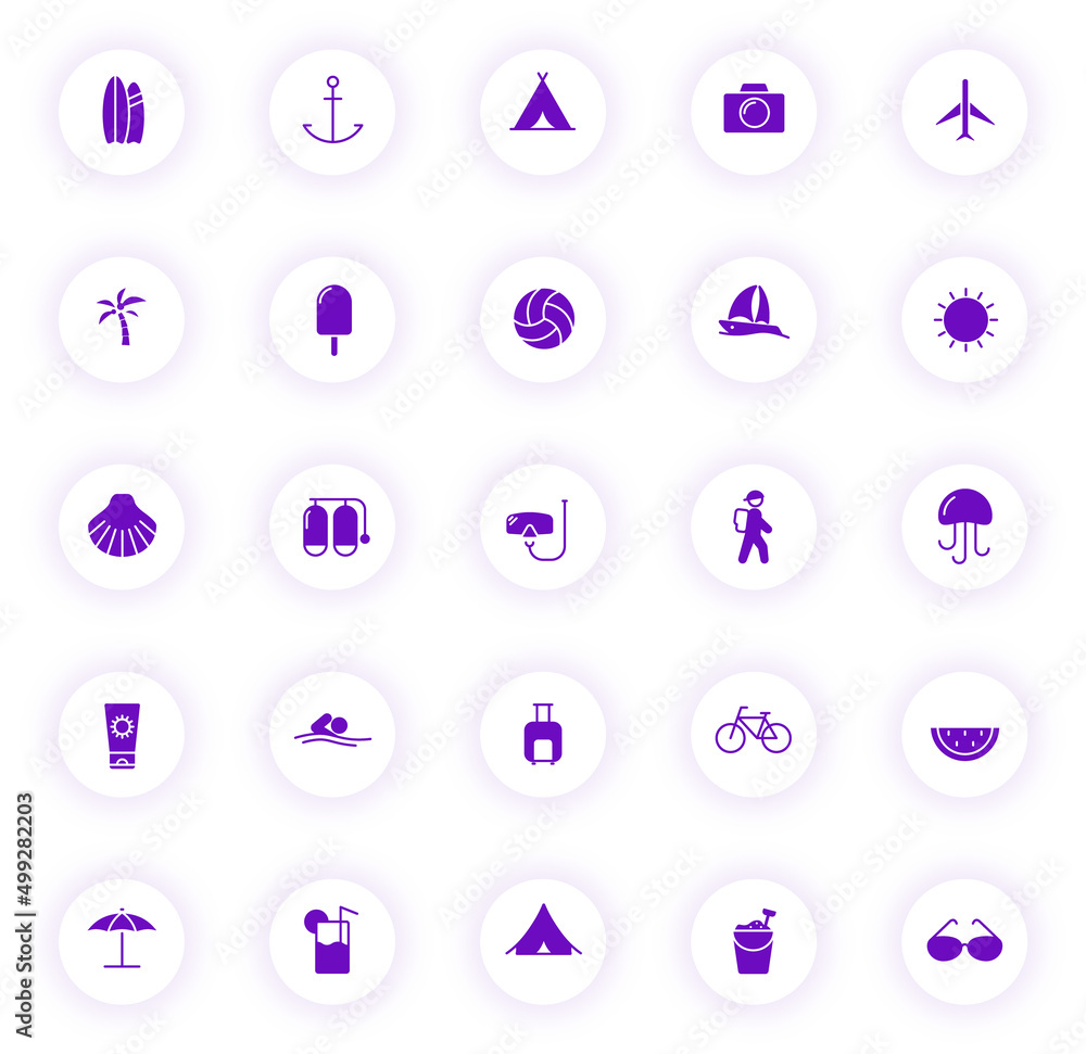 Poster summer purple color vector icons on light round buttons with purple shadow. summer icon set for web,