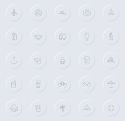 summer line gray icons on round rubber buttons. summer icon set for web, mobile apps, ui design and promo business polygraphy