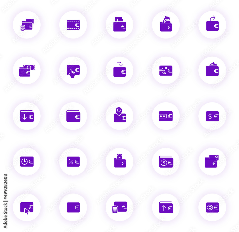 Poster wallet purple color vector icons on light round buttons with purple shadow. wallet icon set for web,
