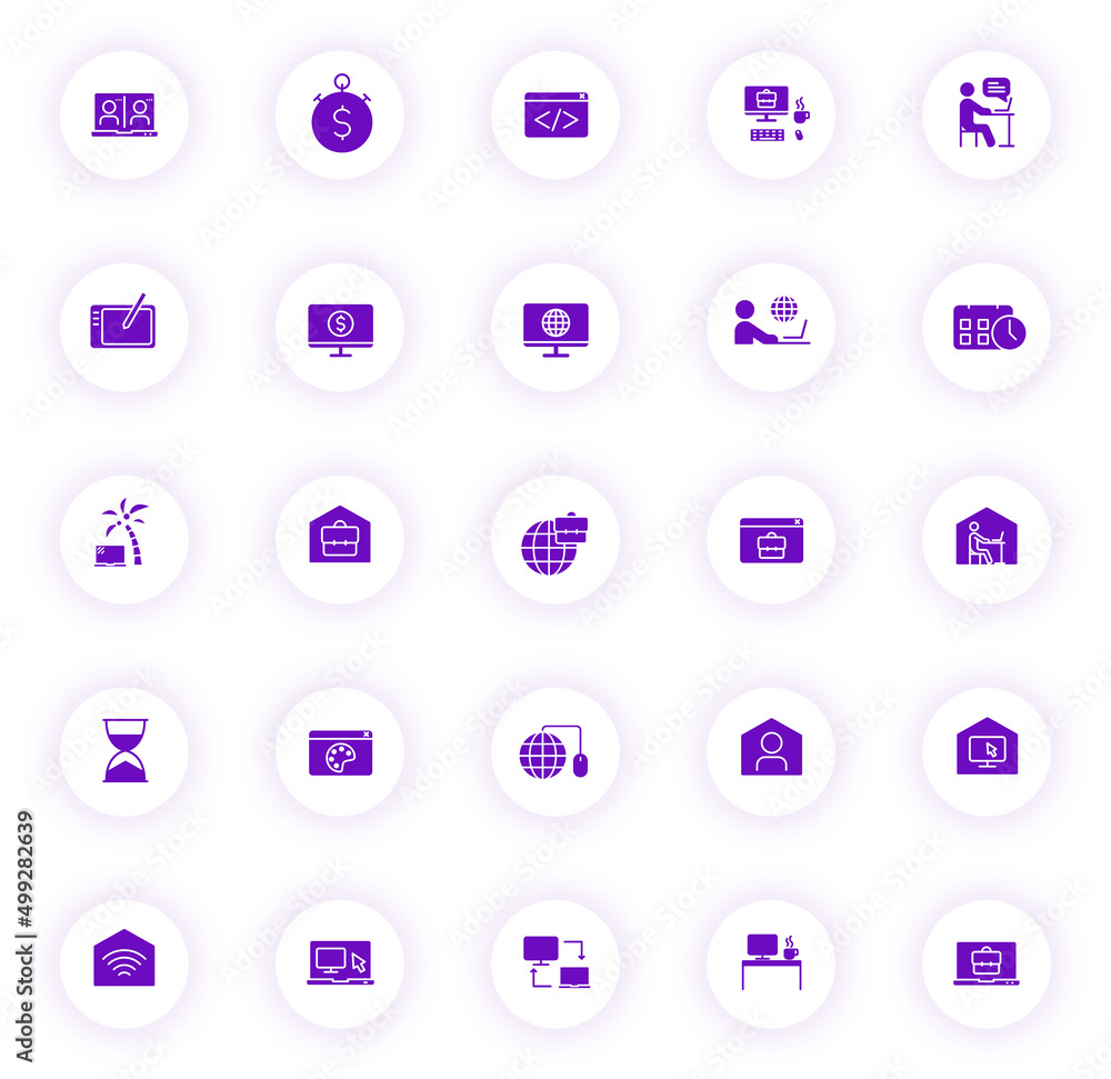 Poster remote work purple color vector icons on light round buttons with purple shadow. remote work icon se