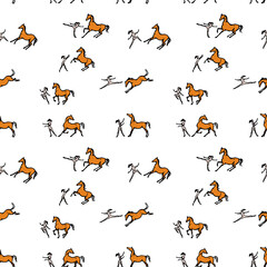 Friendly free horse and girl or woman. Seamless pattern. Happy horsemanship jumping, dancing, running, rearing horse. Enjoy friend. Hand drawn silhouette set. Line cartoon vector sketch background 