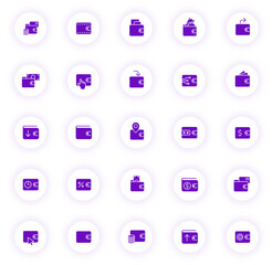 wallet purple color vector icons on light round buttons with purple shadow. wallet icon set for web, mobile apps, ui design and print