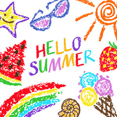 Summer funny hand drawn symbols vector copy space. Fruits, ice cream, sun, glasses, drinks, shells. Like kids colorful crayon, pastel, chalk or pencil stroke. Doodle cartoon background. Happy time