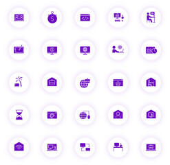 remote work purple color vector icons on light round buttons with purple shadow. remote work icon set for web, mobile apps, ui design and print