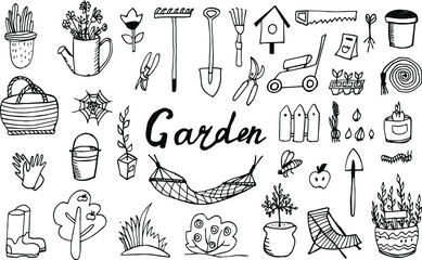 Set with gardening tools. Watering can, bucket, hose, pitchfork, shovel, wheelbarrow, trowel, pruner, seedling tree, garden fork, rake, fence. Vector doodle illustration isolated on white. © khudoliy