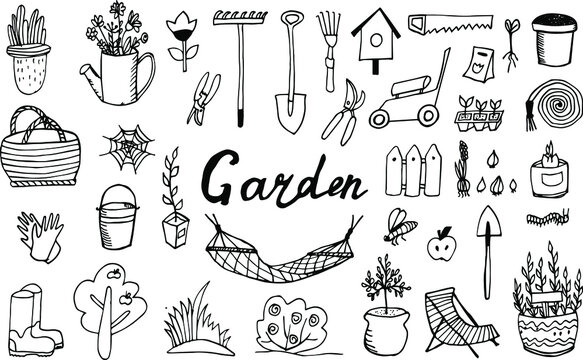 Set with gardening tools. Watering can, bucket, hose, pitchfork, shovel, wheelbarrow, trowel, pruner, seedling tree, garden fork, rake, fence. Vector doodle illustration isolated on white.