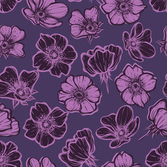 Fototapeta premium Vector illustration. Rosehip flowers, card for you, seamless pattern, dark background, handmade