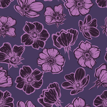 Vector illustration. Rosehip flowers, card for you, seamless pattern, dark  background, handmade