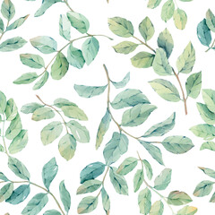 Seamless elegant pattern with green twigs and picturesque leaves on a white background. Hand-drawn in watercolor. Preferred for fabric, wallpaper, wrapping paper, wedding invitations, postcards.