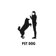 Girl and pet dog playing simple black vector silhouette illustration.