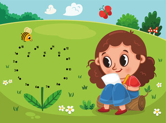 Connect dots by numbers. Children educational game.  Meadow theme with a cute girl. Dot to dot colorful worksheet for toddlers and preschool years kids.