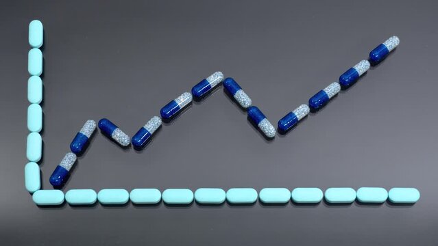 Growing chart made of blue capsules and pills on a black background. Progress of treatment, medical care. Stop motion animation.
