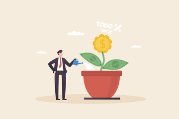 Growing Money. Investment growth. Profits from the stock market. Career growth.  Businessman watering  Investment  plants.